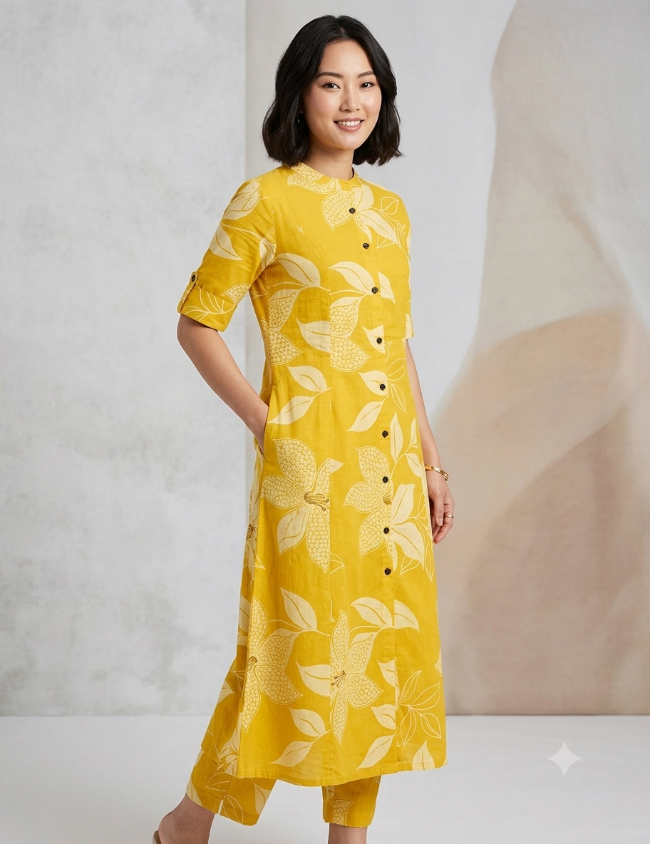 Women's Cotton Yellow Floral Print Co-Ords Set