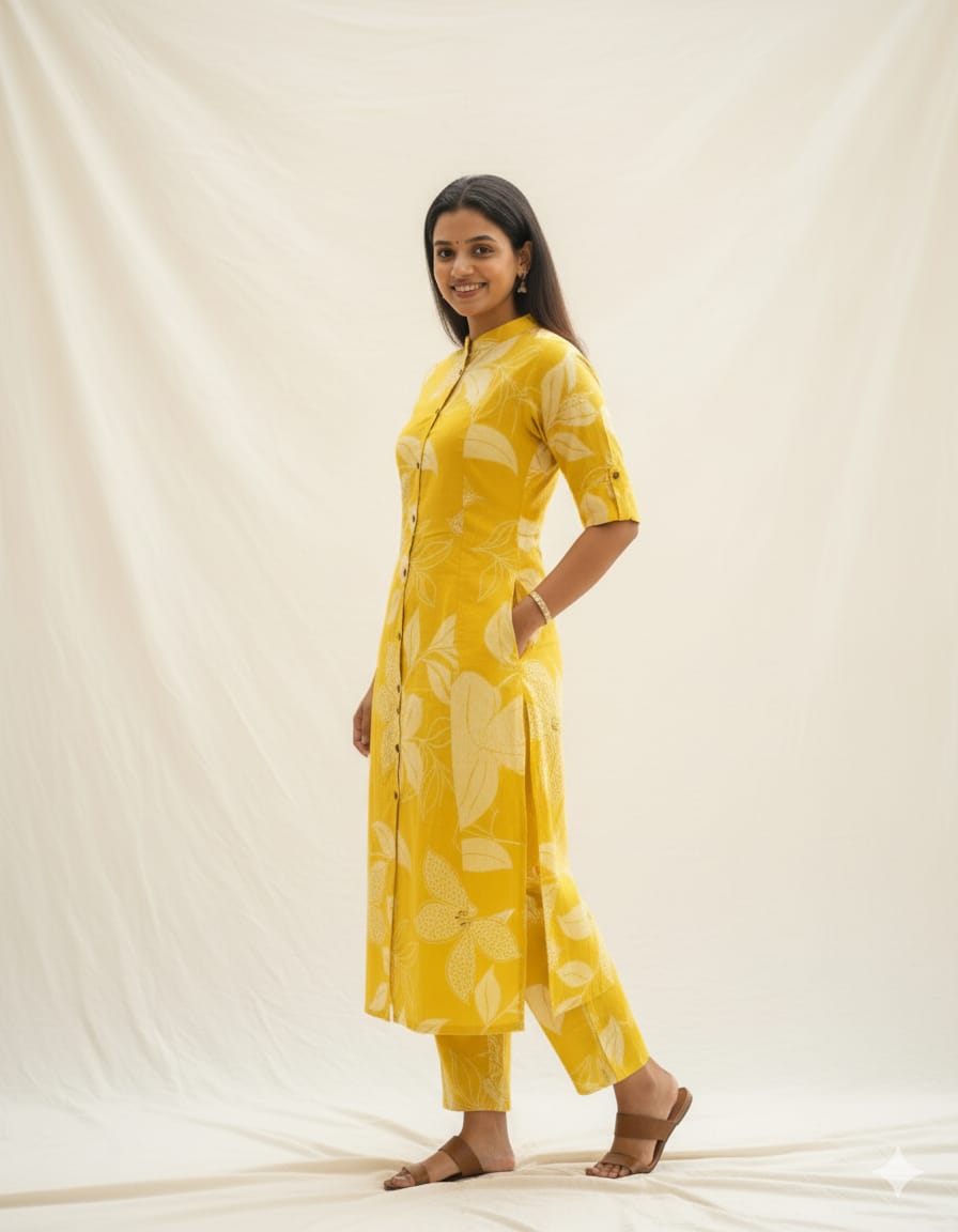 Yellow Cotton Floral Button-Down Co-ord Set For Women