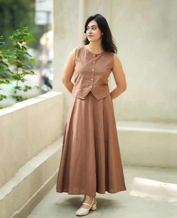 Brown Cotton Button-Down Skirt Set