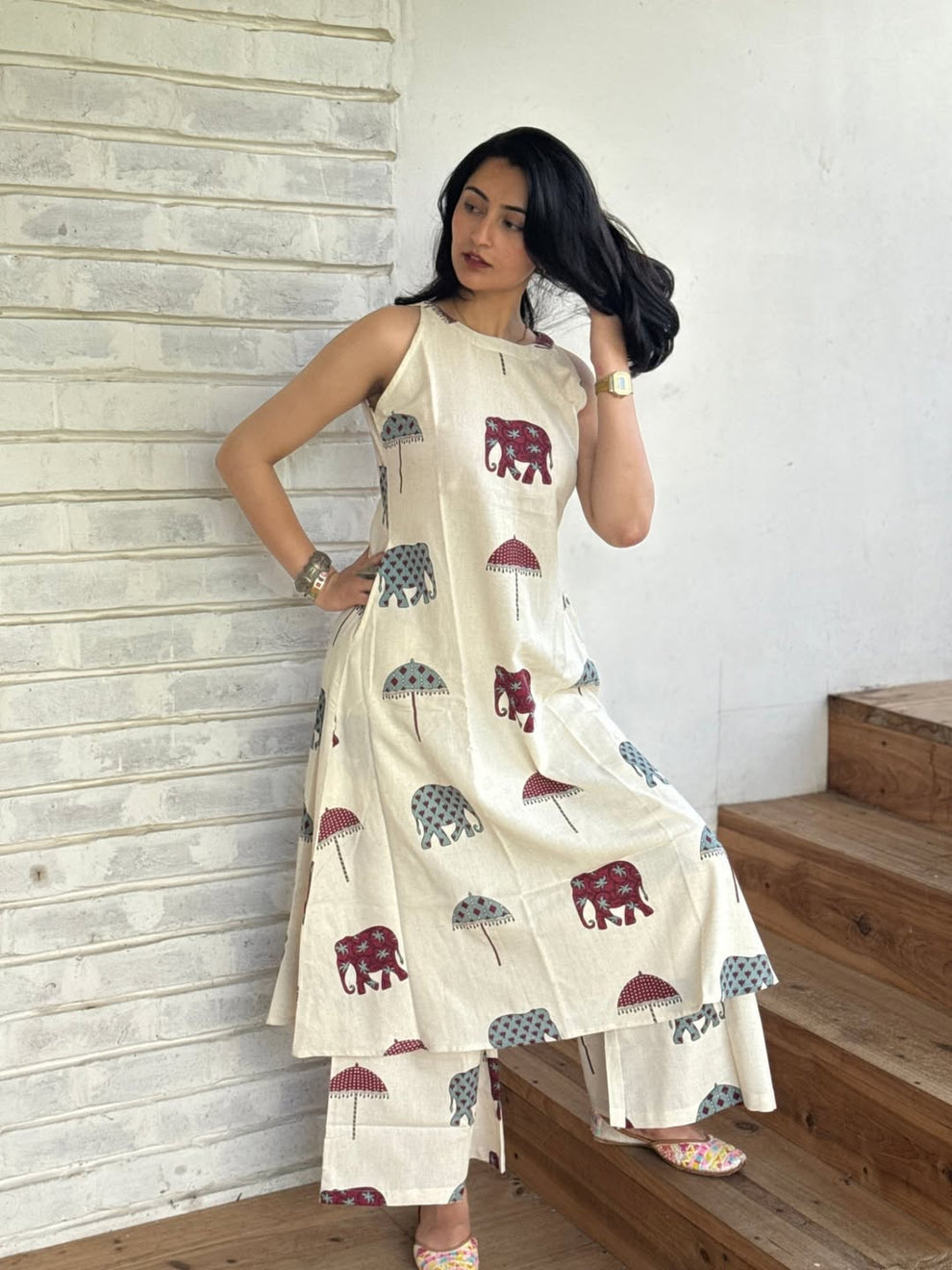 Off-White Cotton Elephant Print Sleeveless A-Line Kurta with Palazzo Set For Women