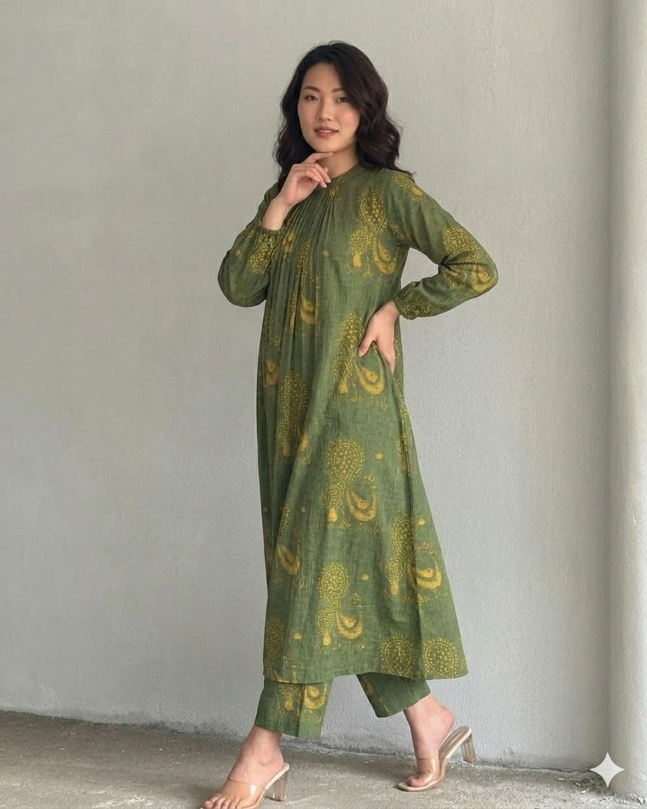 Women's Olive Green Printed Ethnic Co-ord Set