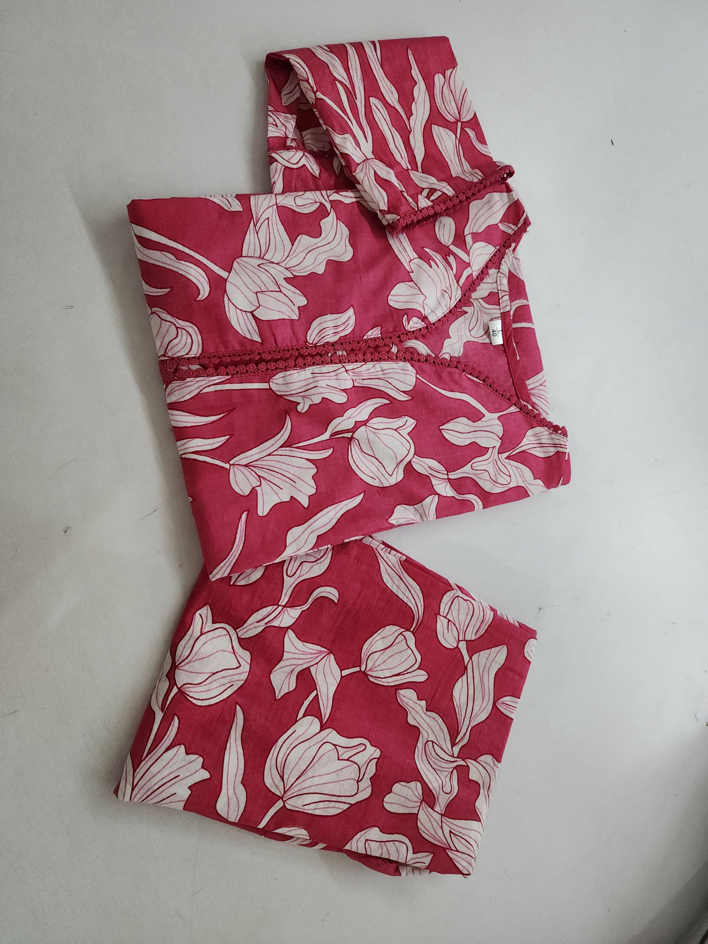 Magenta Purple Floral Vine Print Kurta Pant Set with Lace Detail For Women