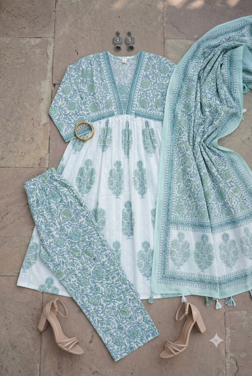 Elegant White & Mint Green Floral Printed Cotton Anarkali Kurta Set with Pant and Dupatta
