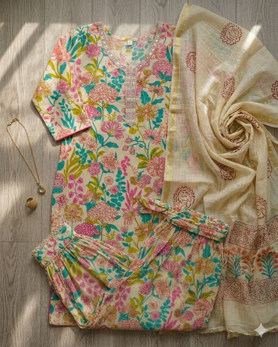 Floral Printed Cotton Kurta Set with Afghan Pants & Sheer Dupatta