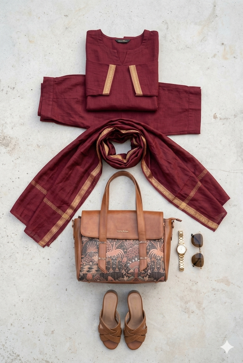 Regal Maroon Pure Cotton Co-Ord Set with Golden Zari Embroidered Borders