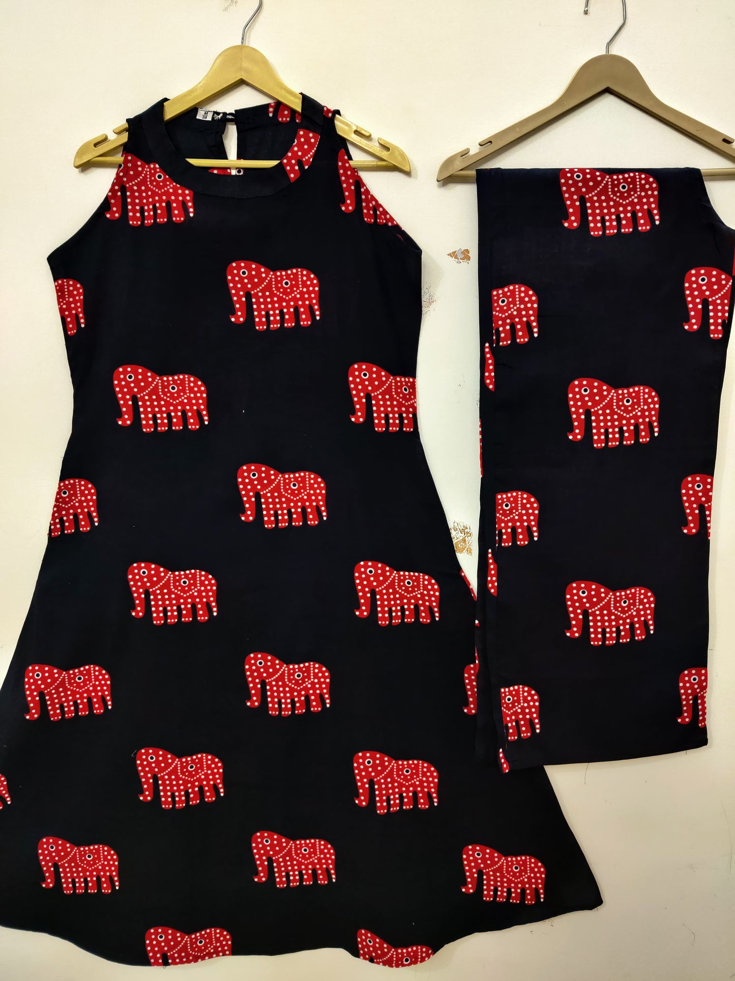 Black And Red Cotton Elephant Motifs Kurta Pant Set For Women
