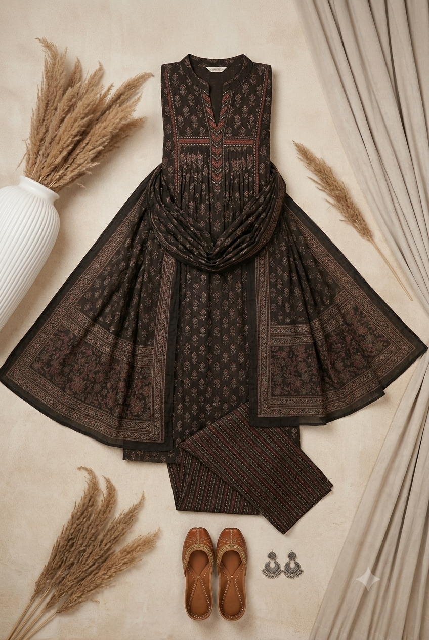 Elegant Charcoal Black Cotton Anarkali Suit Set with Traditional Floral Butis & Geometric Borders