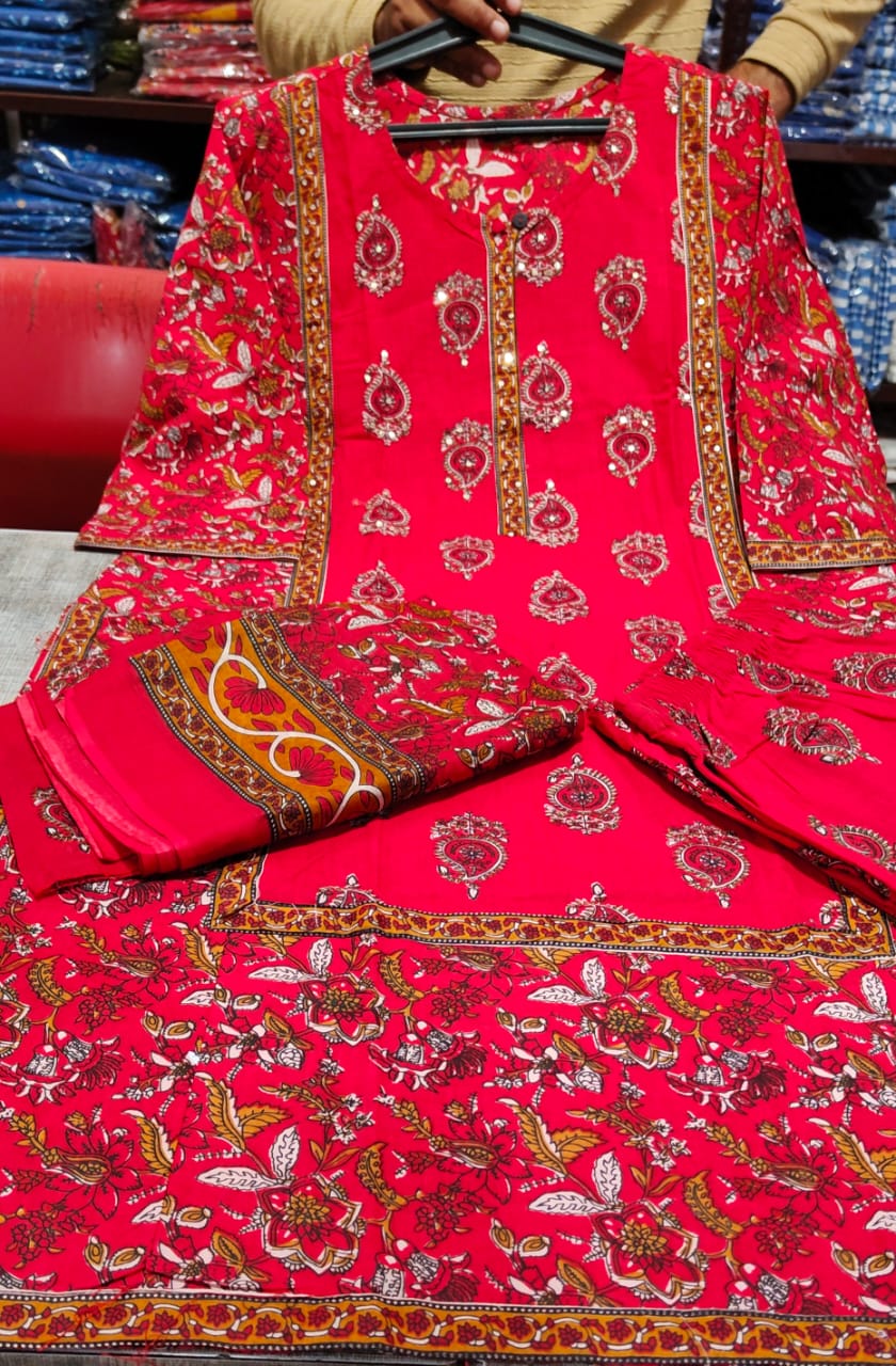 Red And Gold Cotton Block-Printed Traditional Kurta Pant Set with Dupatta For Women