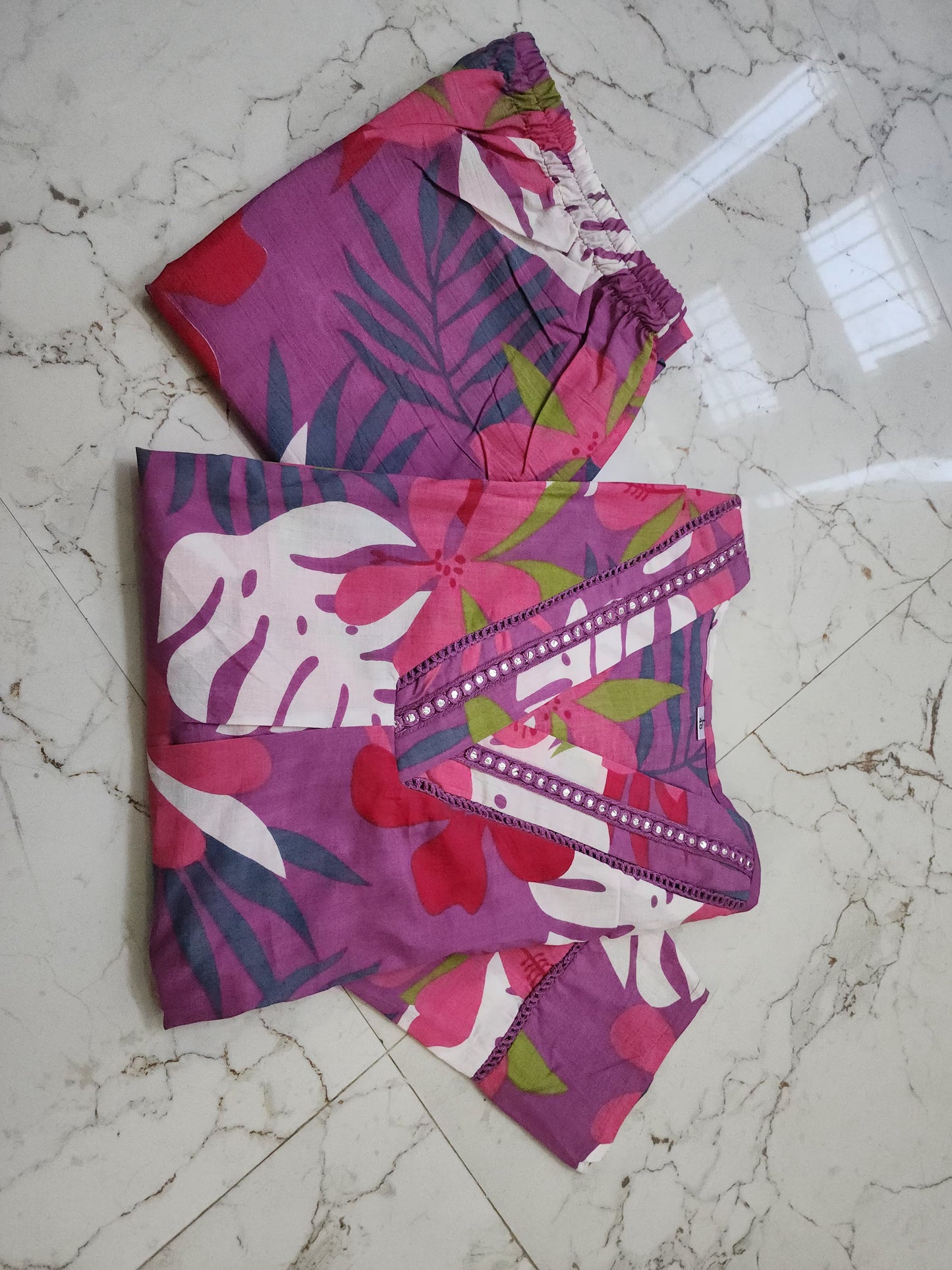 Lavender Tropical Floral Print Cotton Kurta with Pant Set For Women