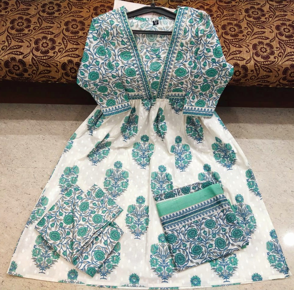 White & Teal Blue Floral Block Print Cotton Anarkali Suit Set with Dupatta For Women