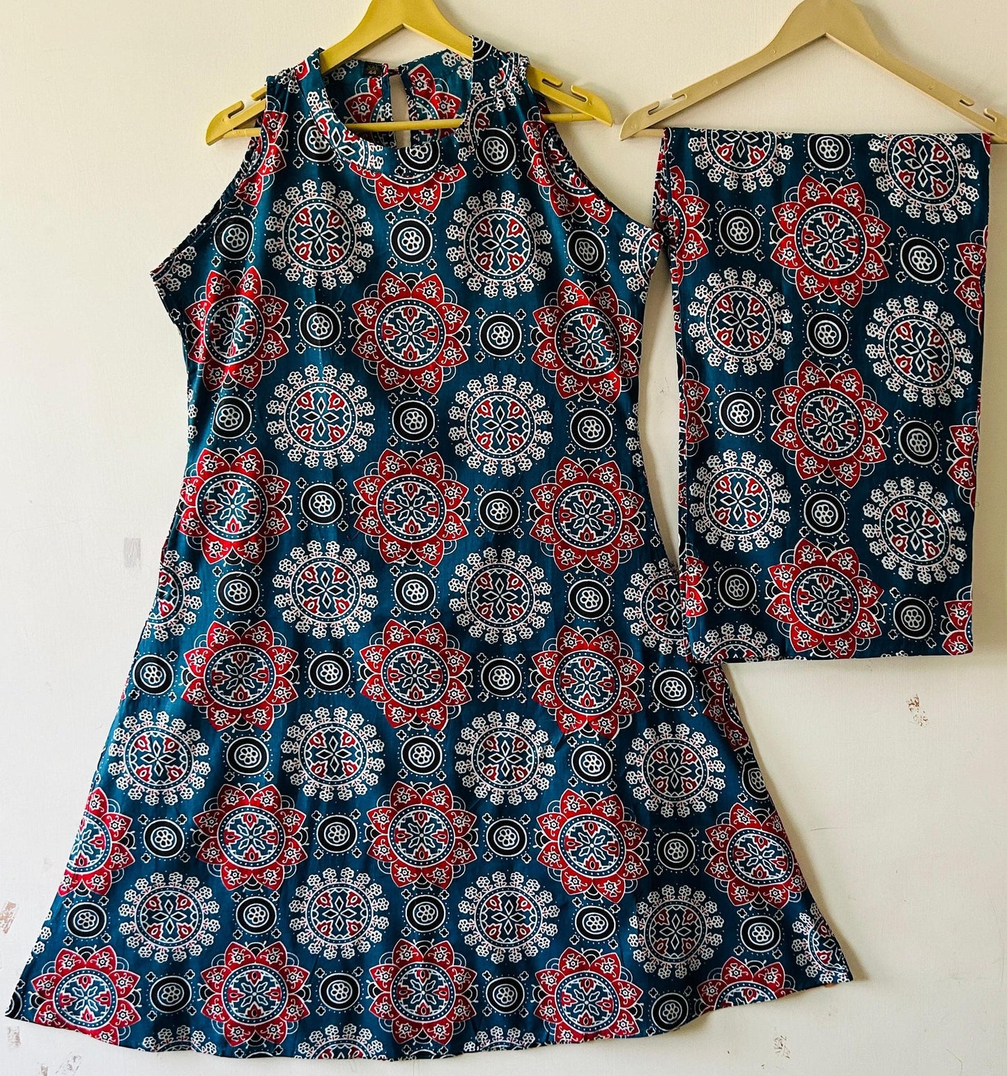 Elegant Dark Teal Mandana Block Print High-Low Kurta with Palazzo Set