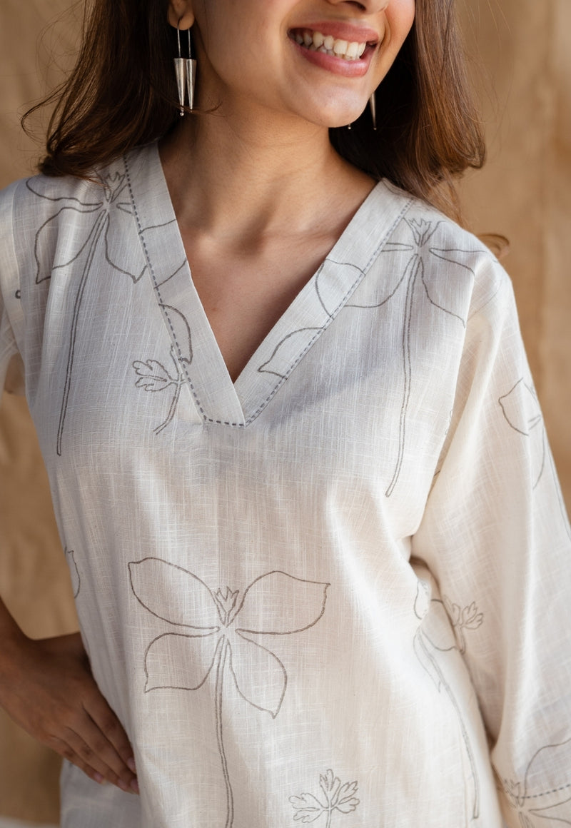Women's Cotton White Sanganer Floral Print Co-Ords Set