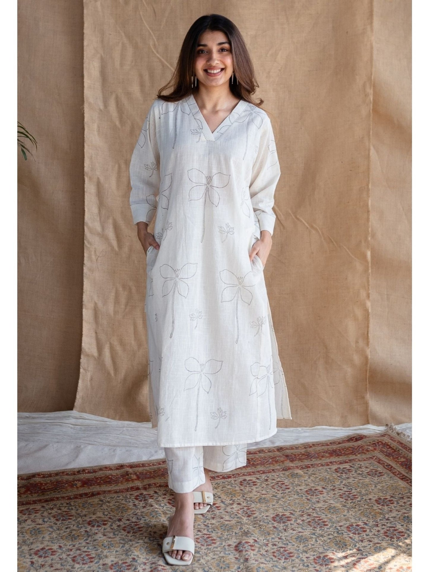 White Cotton Floral Print Minimalist Co-Ord Set For Women