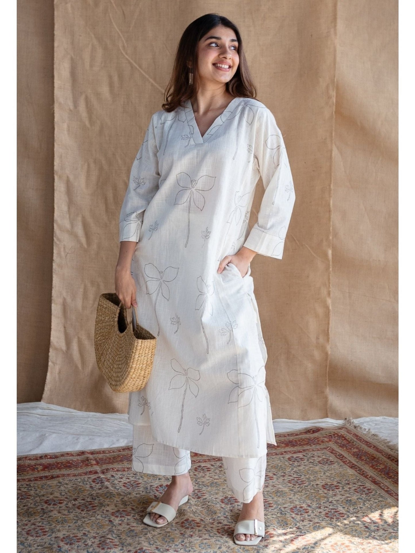 White Cotton Floral Print Minimalist Co-Ord Set For Women