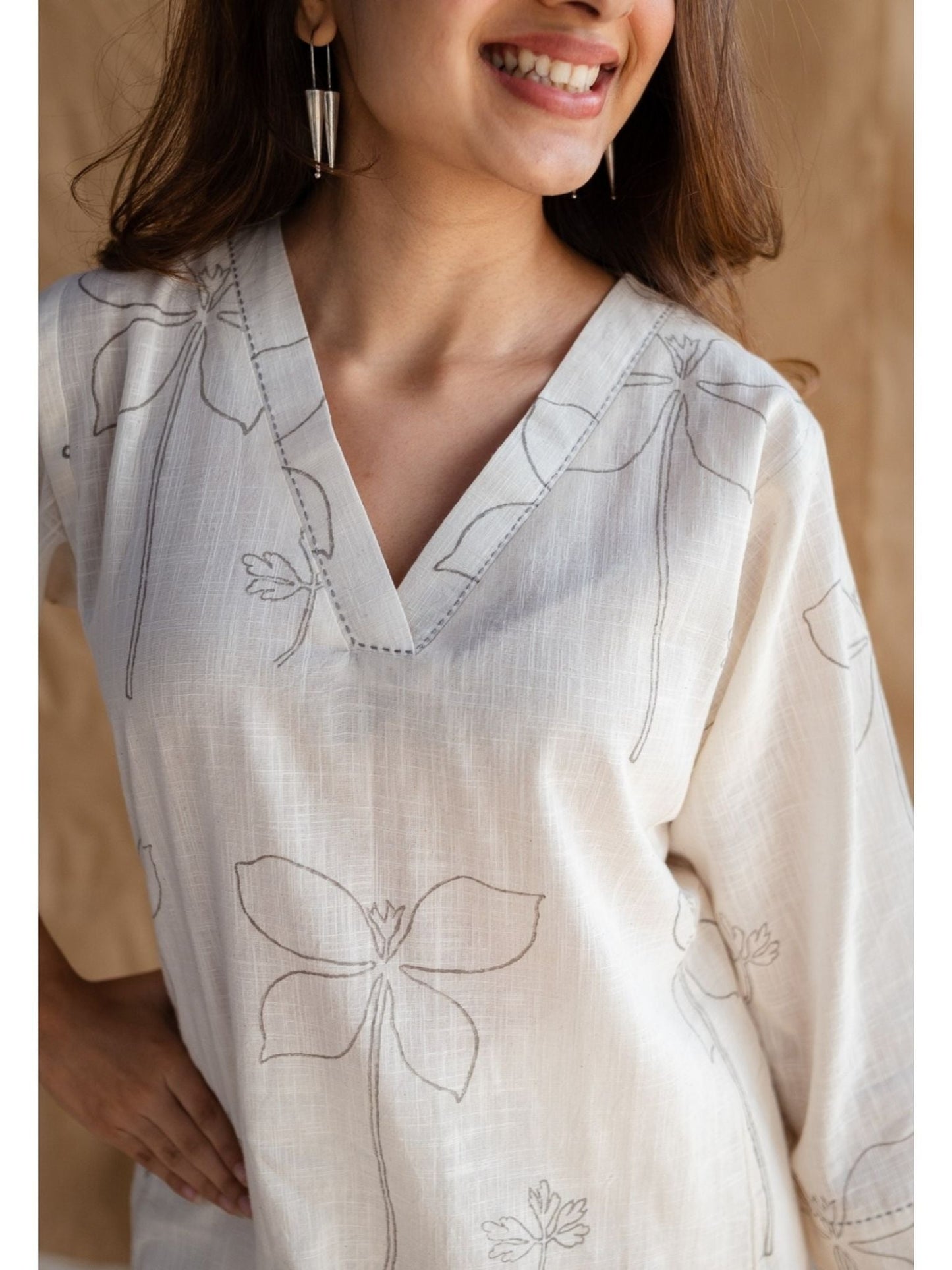 White Cotton Floral Print Minimalist Co-Ord Set For Women