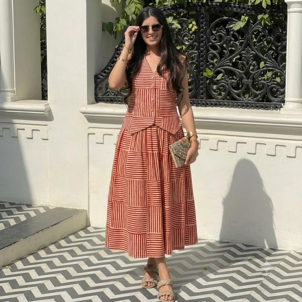 Crimson Stripe Vest & Tiered Midi Skirt Set
