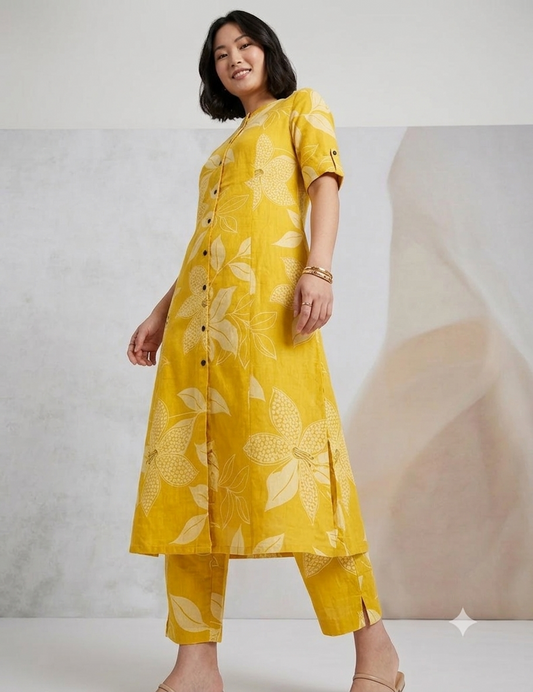 Women's Cotton Yellow Floral Print Co-Ords Set