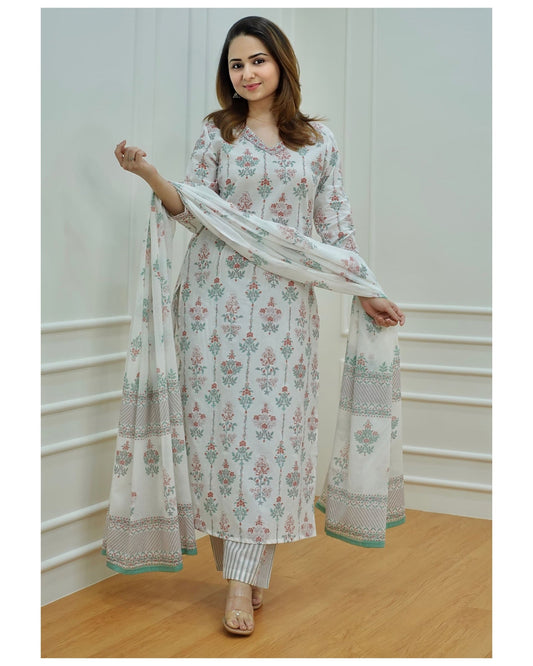 Women's Block Printed Floral Kurta Pant & Dupatta Set