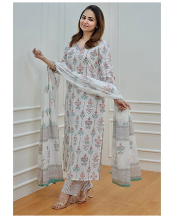 Women's Block Printed Floral Kurta Pant & Dupatta Set