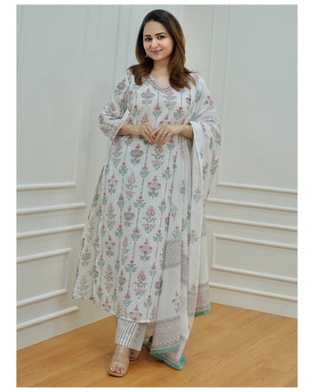 Women's Block Printed Floral Kurta Pant & Dupatta Set