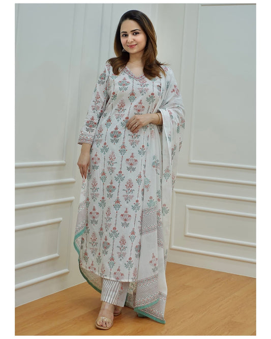 Women's Block Printed Floral Kurta Pant & Dupatta Set