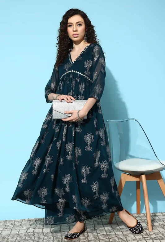 Women's Floral Printed Empire Mirror Work Kurta with Palazzos