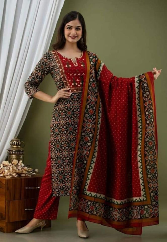 Women's Cotton Straight Printed Kurta with Pant & Dupatta