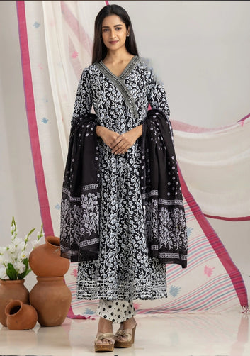 Women's Cotton Kurta Anarkali With Pant & Dupatta Set