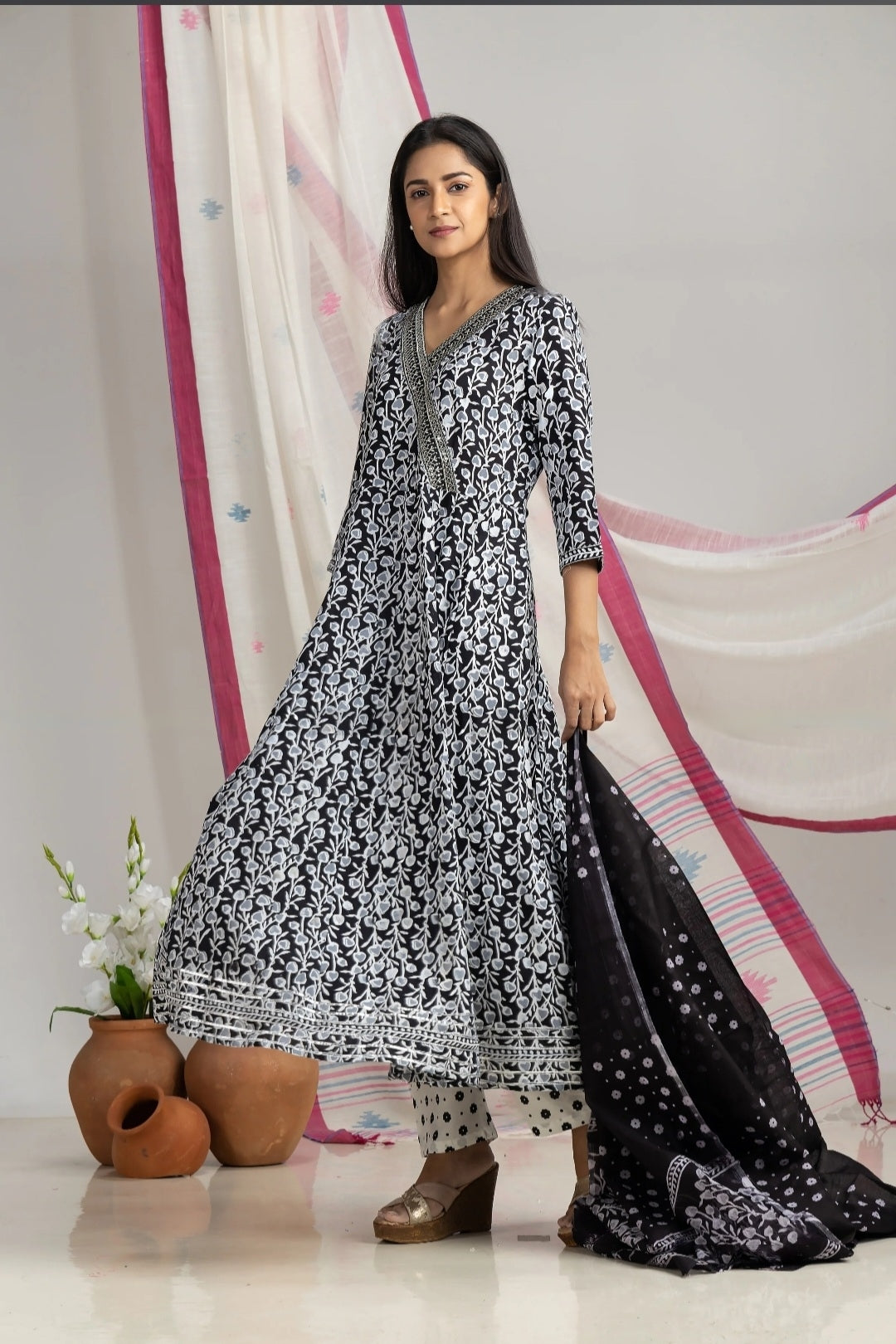 Women's Cotton Kurta Anarkali With Pant & Dupatta Set