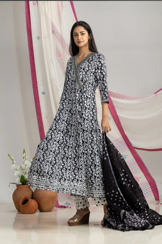 Women's Cotton Kurta Anarkali With Pant & Dupatta Set