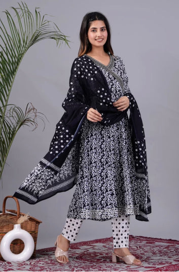 Women's Cotton Kurta Anarkali With Pant & Dupatta Set