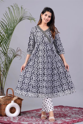Women's Cotton Kurta Anarkali With Pant & Dupatta Set