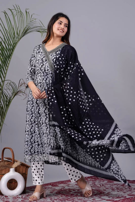 Women's Cotton Kurta Anarkali With Pant & Dupatta Set