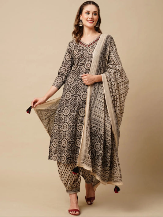 Women's Floral Printed Regular Pure Cotton Kurta with Trousers & With Dupatta