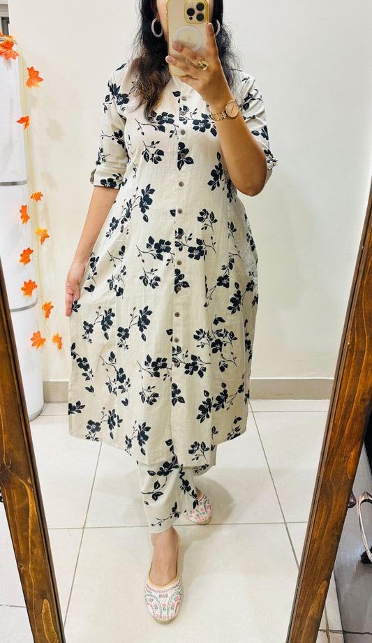 Women's Cotton White Floral Print Co-Ords Set