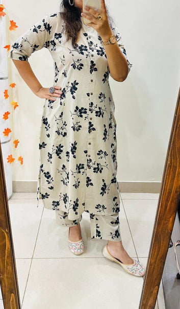 Women's Cotton White Floral Print Co-Ords Set