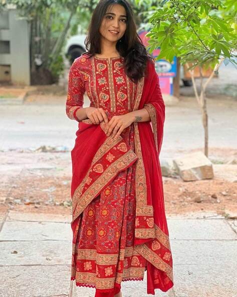 Women's Beautiful Red Voluminous Anarkali Jari Work Suit Set