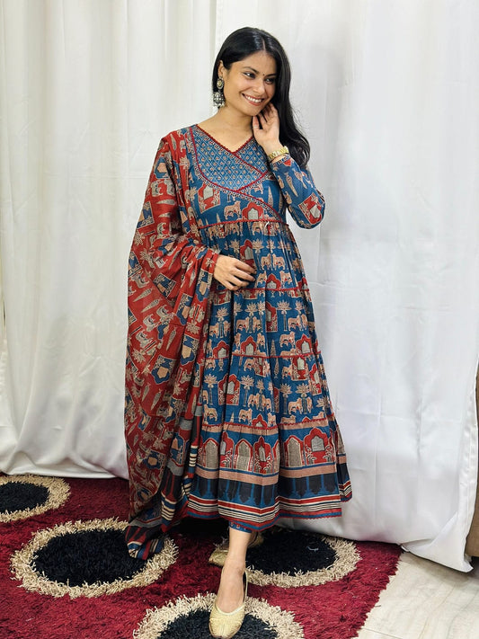 Women's Block Printed Cotton Angrakha Anarkali Style Trouser Suit