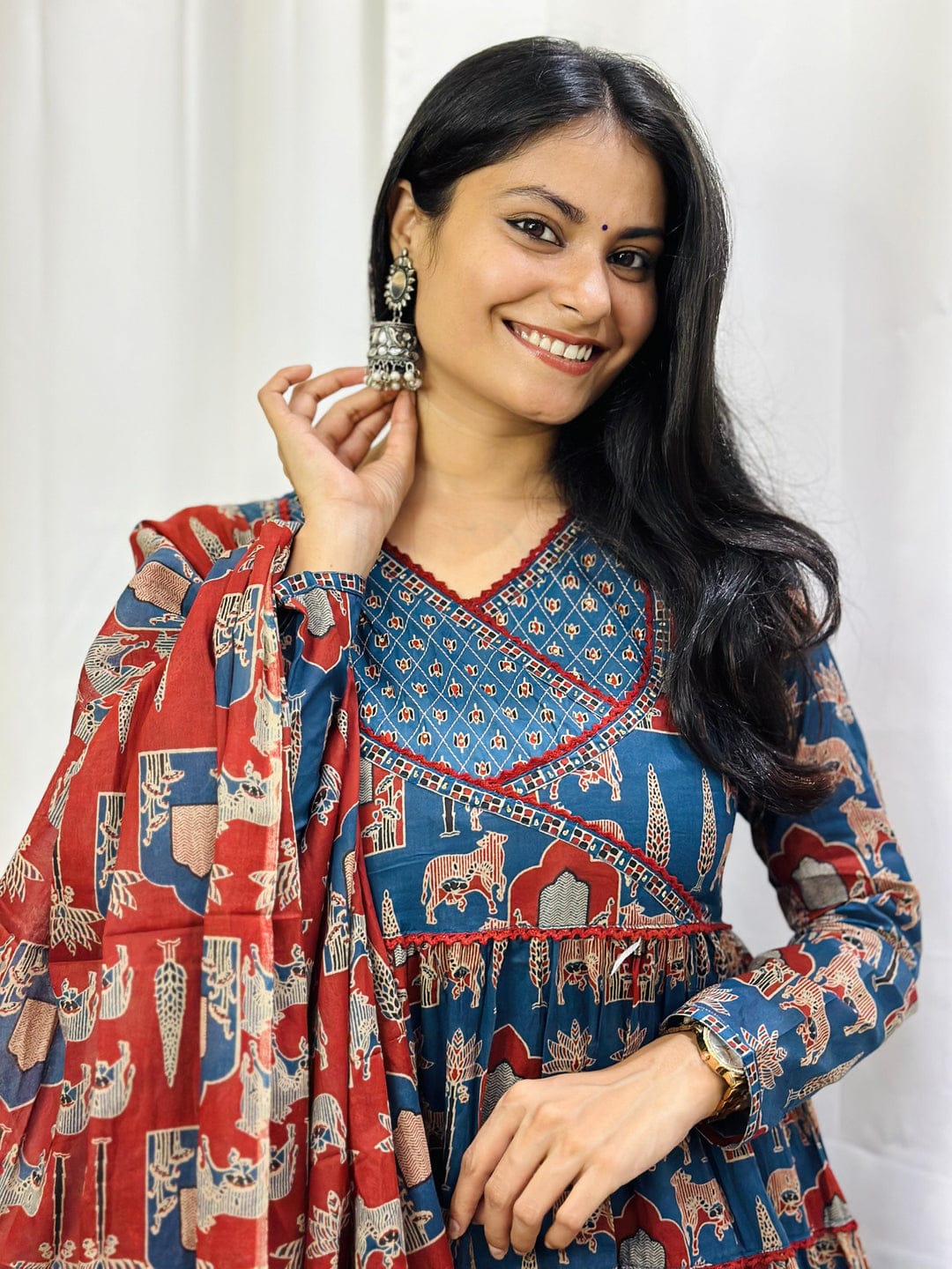 Women's Block Printed Cotton Angrakha Anarkali Style Trouser Suit