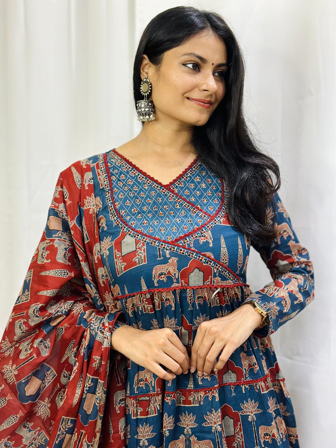Women's Block Printed Cotton Angrakha Anarkali Style Trouser Suit