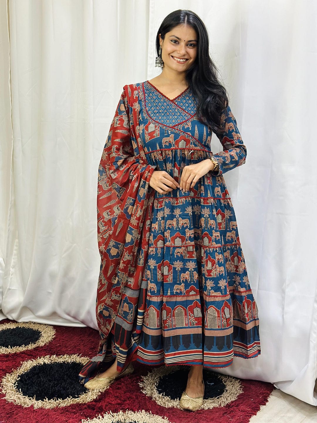 Women's Block Printed Cotton Angrakha Anarkali Style Trouser Suit