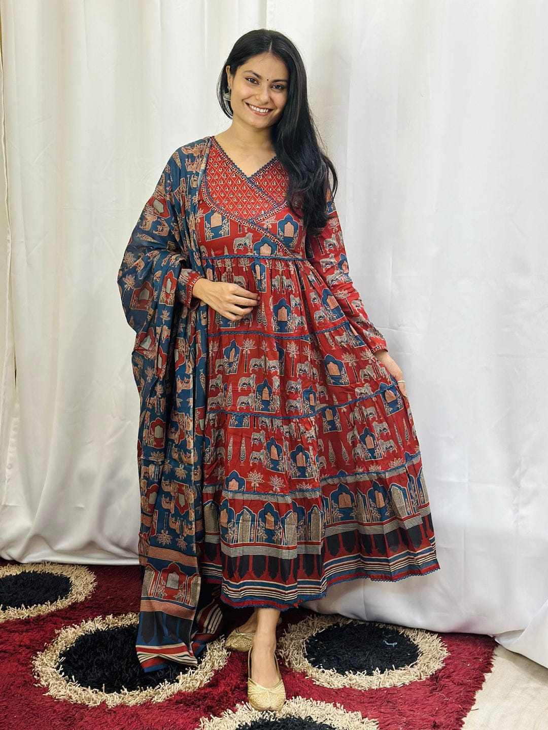 Women's Block Printed Cotton Angrakha Anarkali Style Trouser Suit
