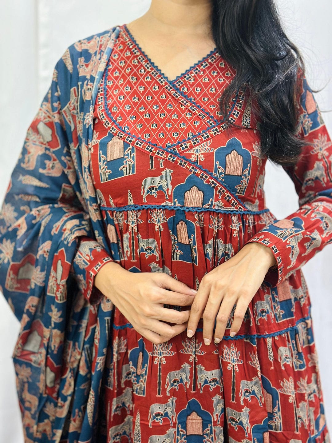 Women's Block Printed Cotton Angrakha Anarkali Style Trouser Suit