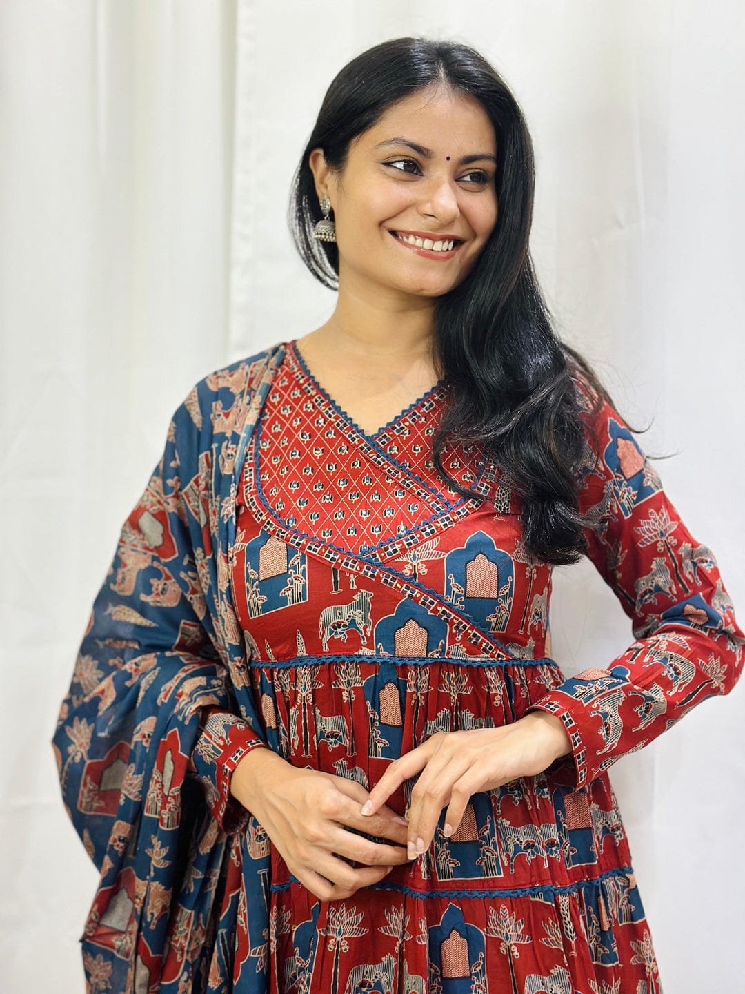 Women's Block Printed Cotton Angrakha Anarkali Style Trouser Suit