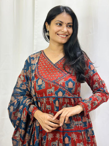 Women's Block Printed Cotton Angrakha Anarkali Style Trouser Suit