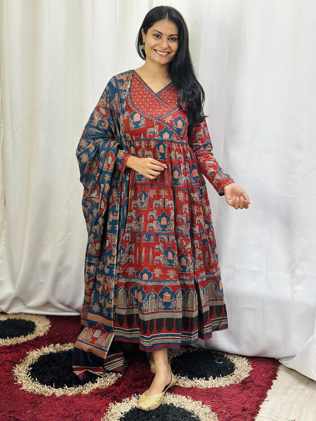 Women's Block Printed Cotton Angrakha Anarkali Style Trouser Suit