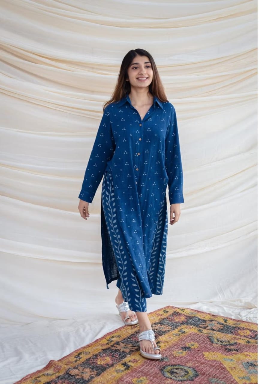 Indigo Blue Cotton Collared Shirt-Kurta And Pant Set For Women