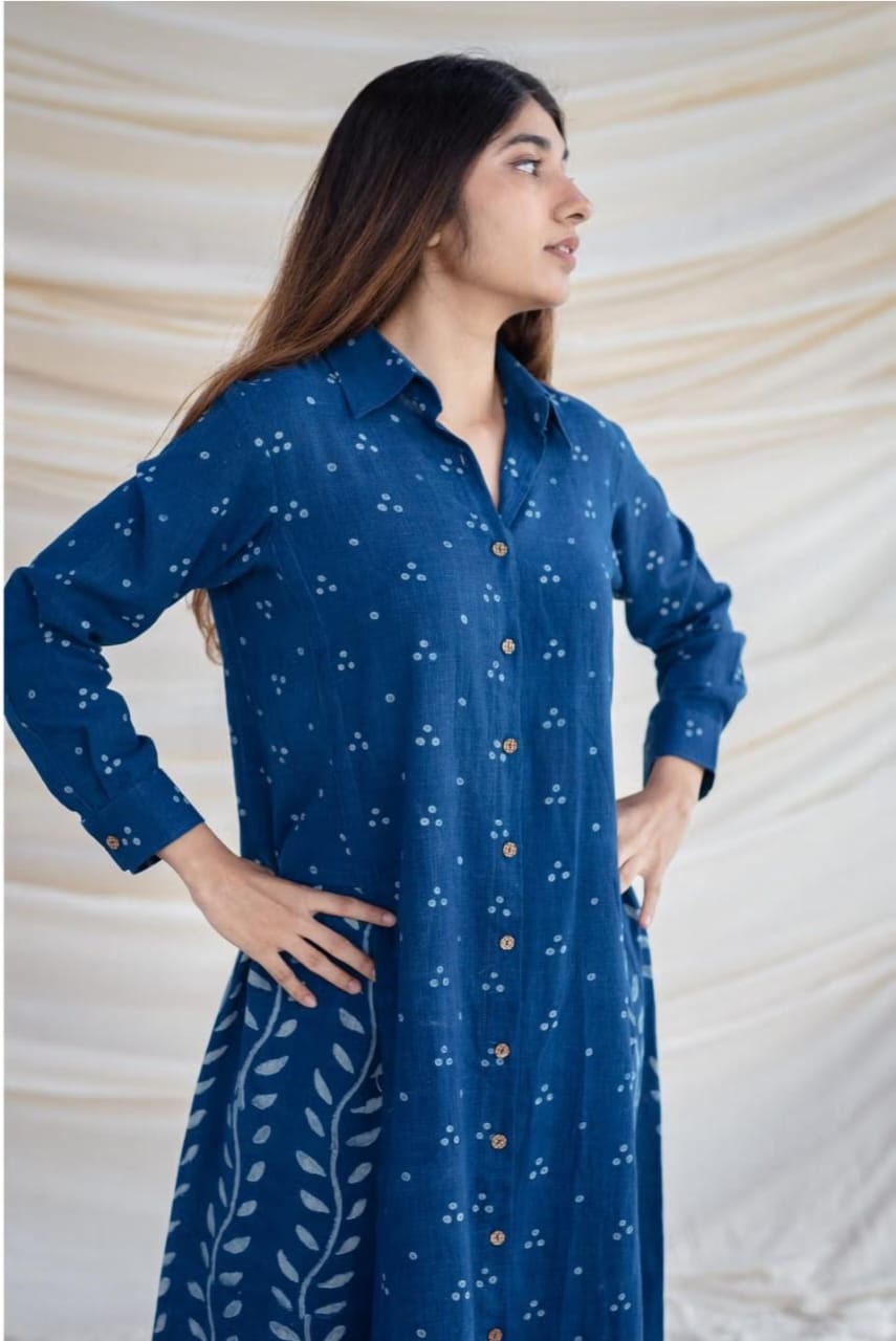 Indigo Blue Cotton Collared Shirt-Kurta And Pant Set For Women