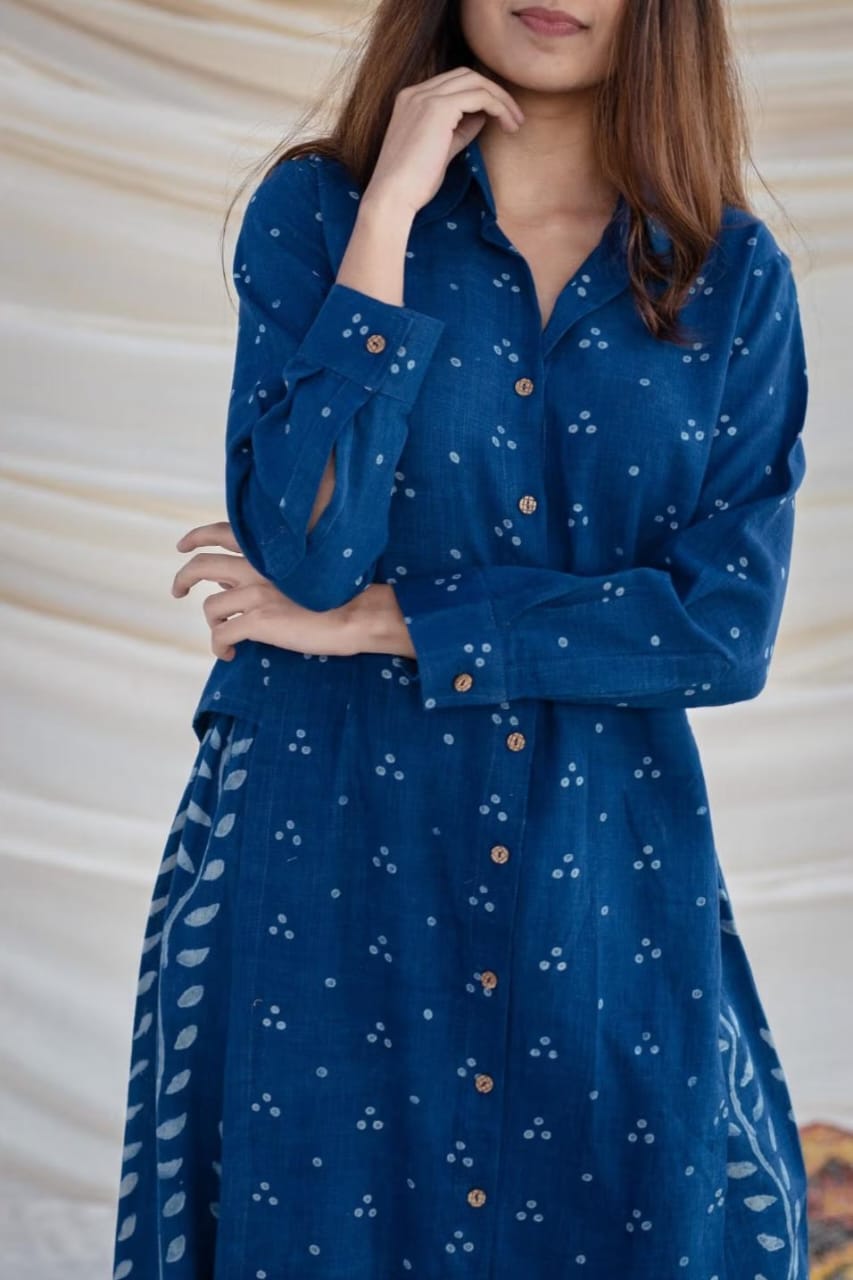 Indigo Blue Cotton Collared Shirt-Kurta And Pant Set For Women
