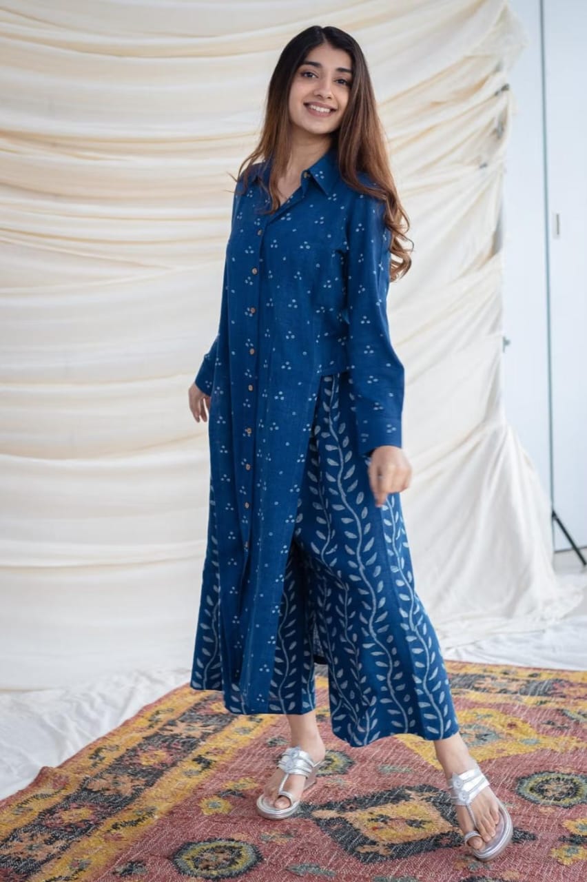 Indigo Blue Cotton Collared Shirt-Kurta And Pant Set For Women